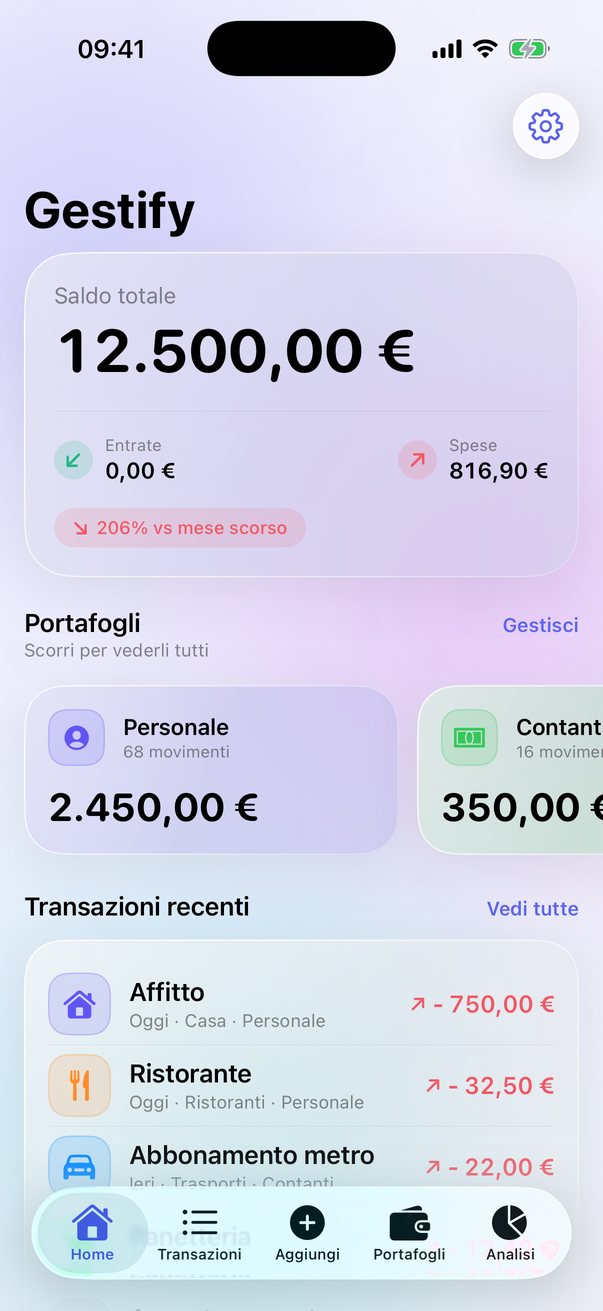 Schermata home dell'app Gestify con saldo totale e portafogli