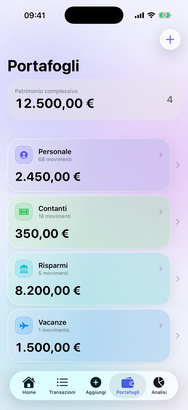 Portafogli personale, contanti, risparmi e vacanze con patrimonio complessivo